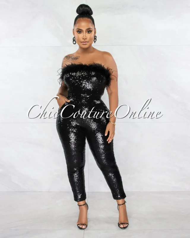 Venatti Black Sequins Feather Neckline Strapless Jumpsuit sold by chic