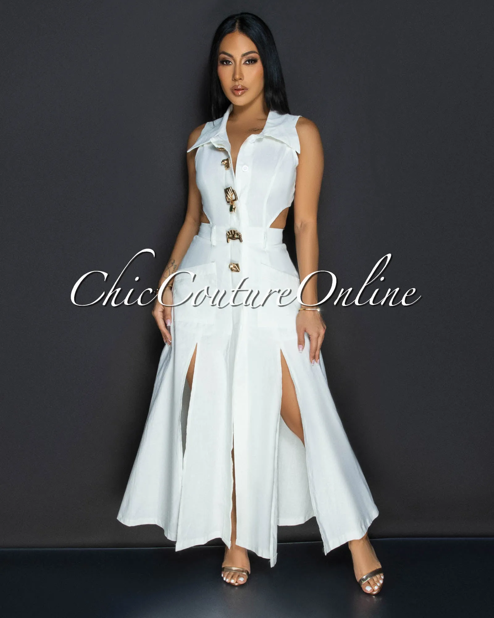 Livia White Gold Buttons Midi Dress sold by Chic Couture product image thumbnail 2