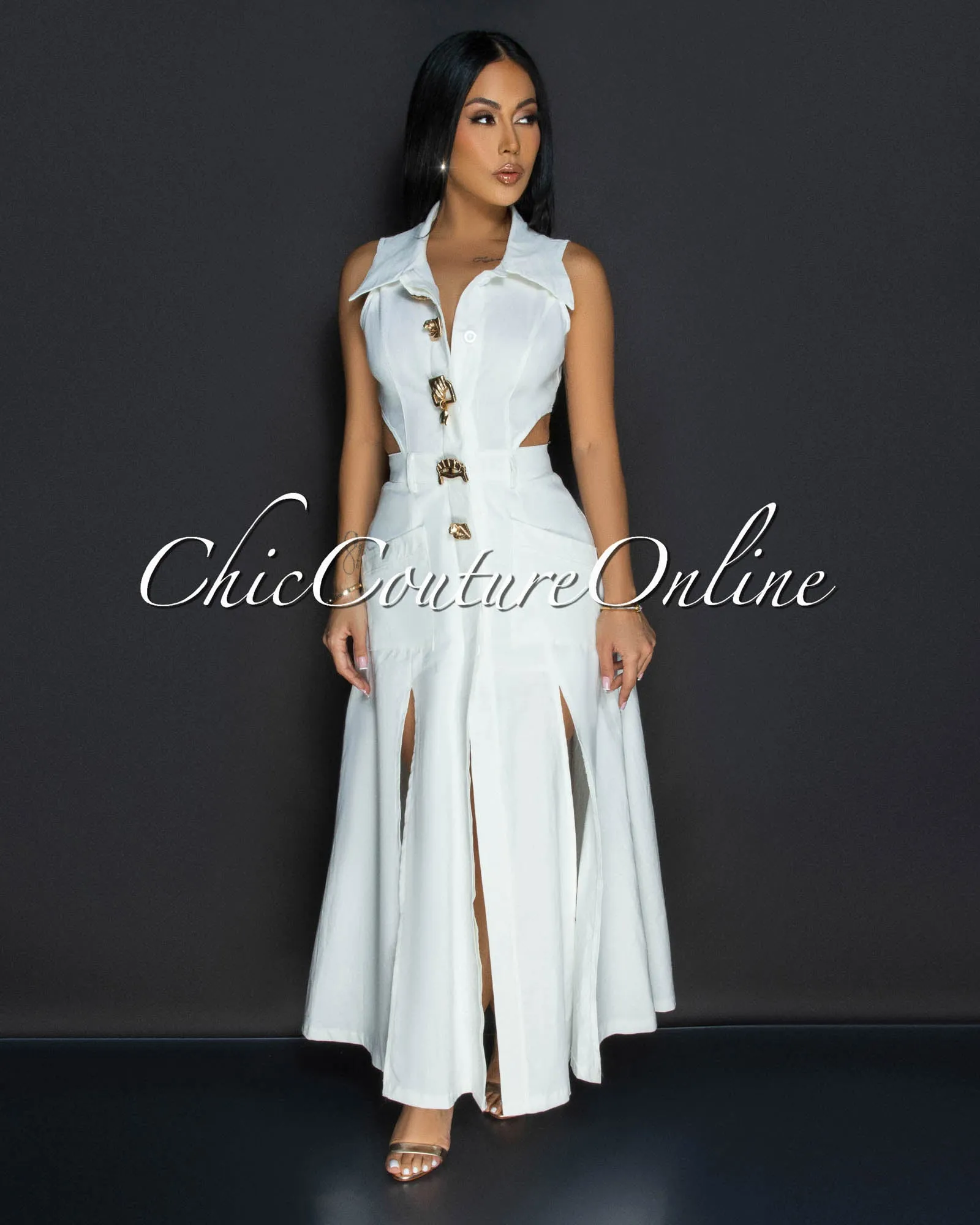 Livia White Gold Buttons Midi Dress sold by Chic Couture product image thumbnail 3