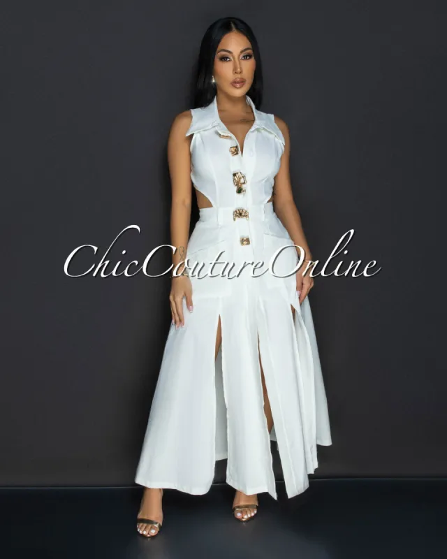Livia White Gold Buttons Midi Dress sold by Chic Couture