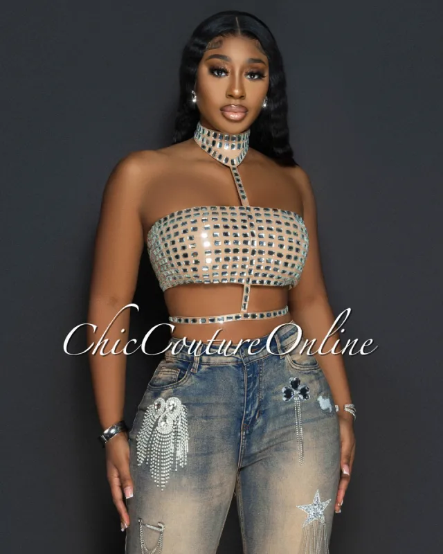 Yoni Nude Rhinestones Cut Out Crop Top sold by Chic Couture