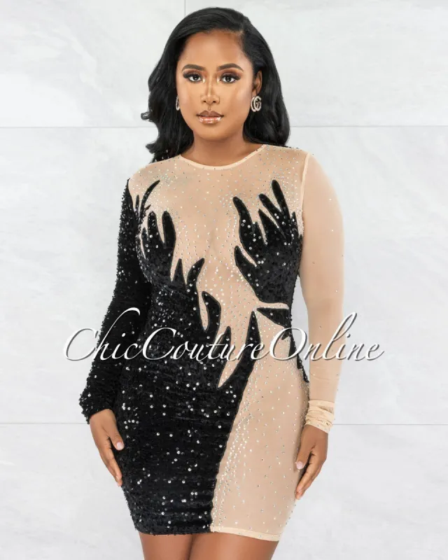 *Abielle Black Velvet Nude Mesh Rhinestones Sequins Mini Dress sold by Chic Couture