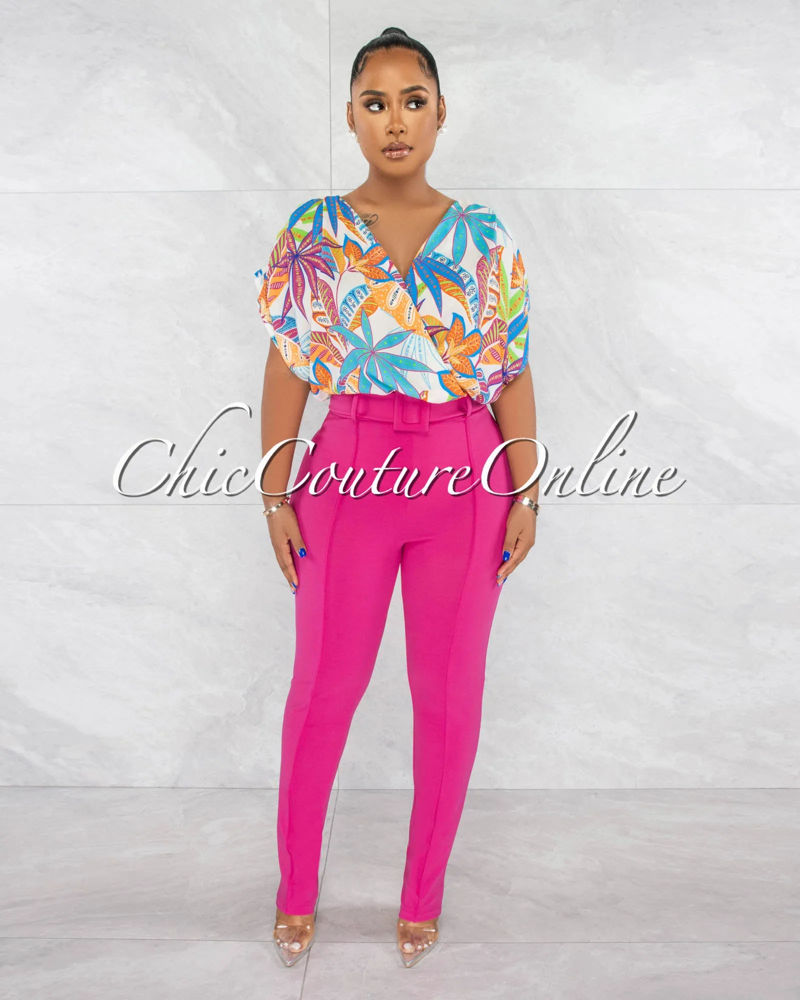 *Danna Magenta High-Waist Belt Pants sold by Chic Couture