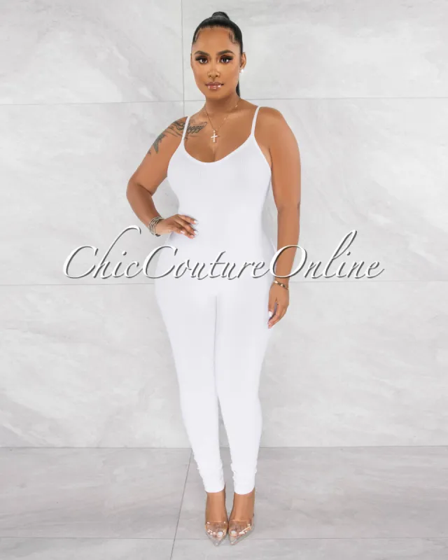 Petal White Ribbed BodyCon Jumpsuit sold by Chic Couture