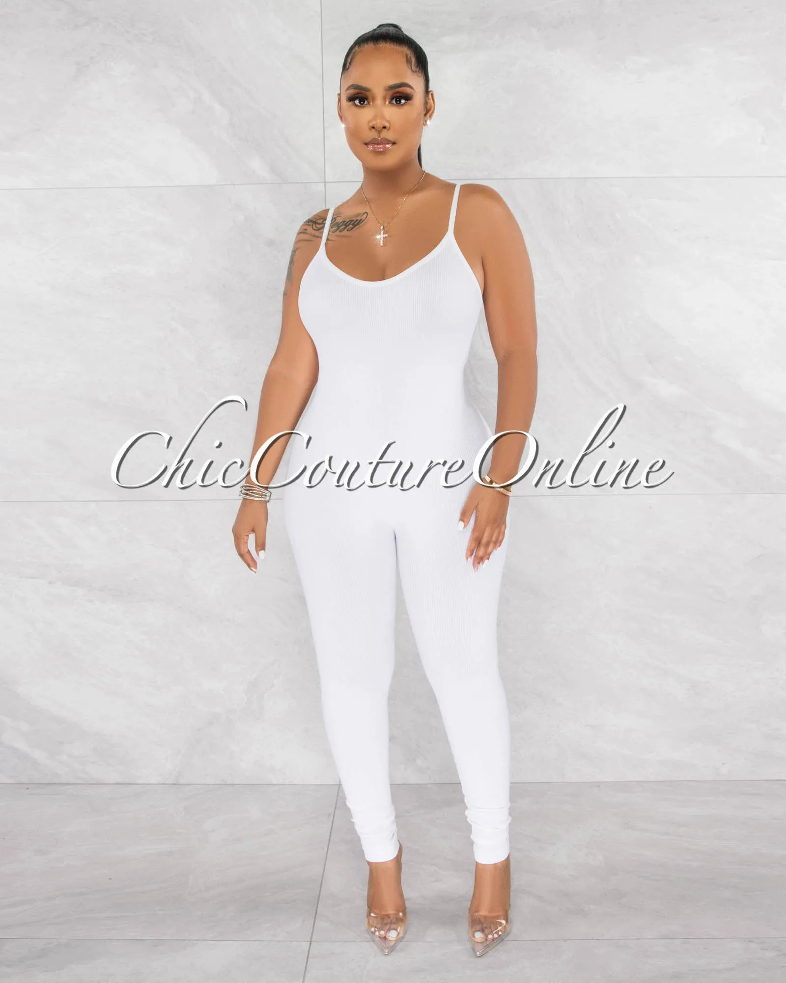 Petal White Ribbed BodyCon Jumpsuit sold by Chic Couture product image thumbnail 2