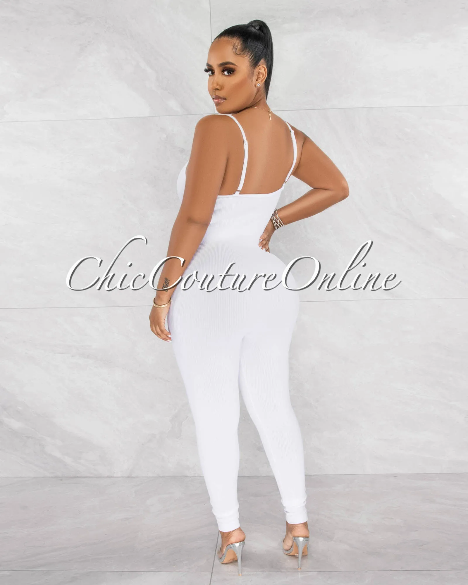 Petal White Ribbed BodyCon Jumpsuit sold by Chic Couture product image thumbnail 3