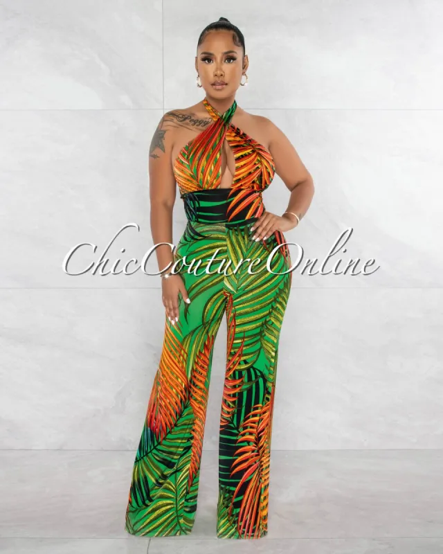 Beatrice Back Green Palm Print Halter Jumpsuit sold by chic