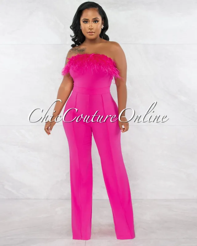 *Concetta Fuchsia Feather Neckline Strapless Jumpsuit sold by Chic Couture