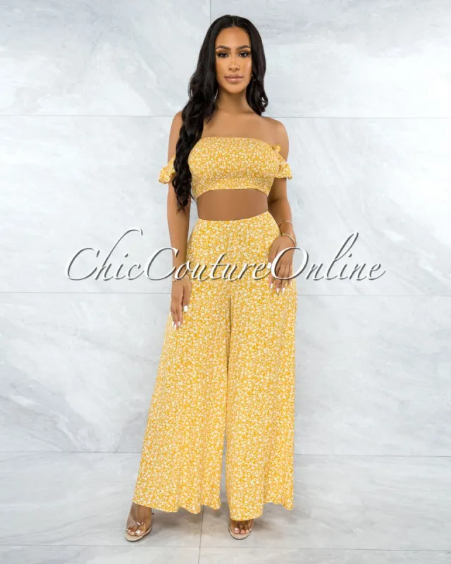 *Yanka Yellow White Floral Print Crop Top & Wide Pants Set sold by chic