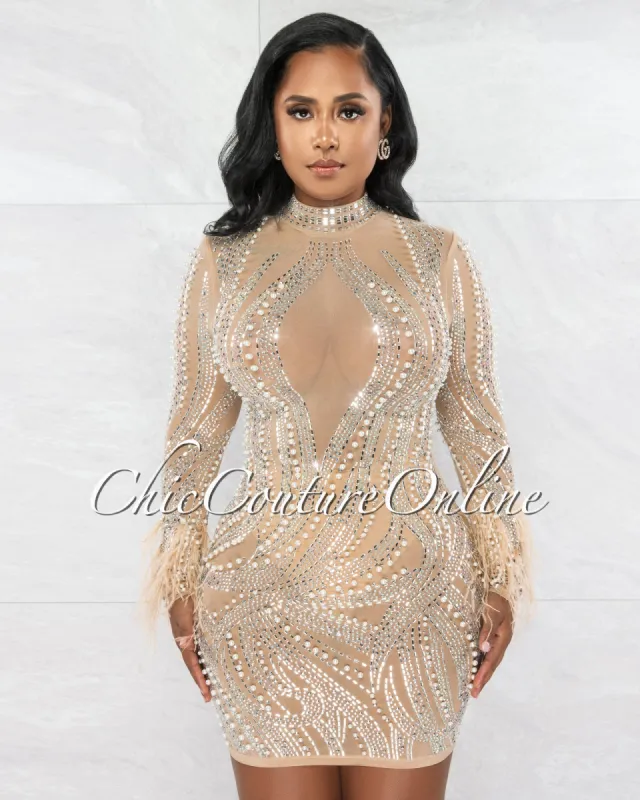 *Laurel Nude Rhinestones Pearls & Feathers Mesh Mini Dress sold by Chic Couture
