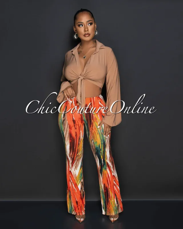 *Wilson Mocha Crop Top & Orange Print Bell Legs Pants Set sold by Chic Couture