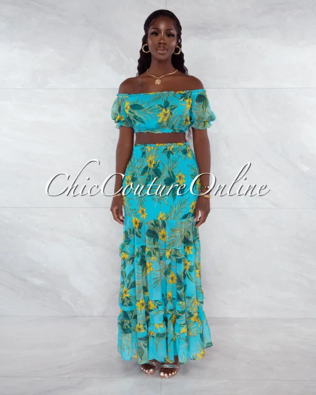 *Antkit Turquoise Green Leaf Print Crop Top & Smocked Skirt Set sold by chic