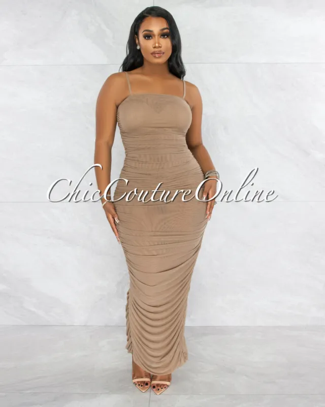 Camilo Mocha Mesh Ruched Sheer Maxi Dress sold by Chic Couture