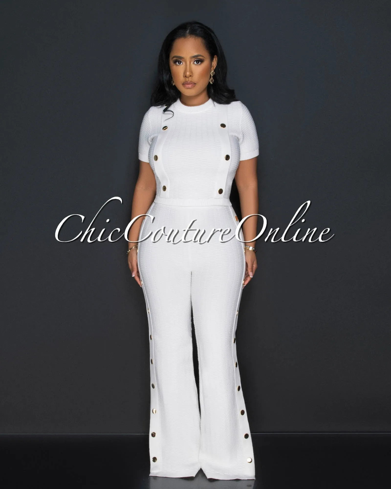 Bedelia Off-White Gold Buttons Crop Top & Pants Knit Set sold by Chic Couture product image thumbnail 3