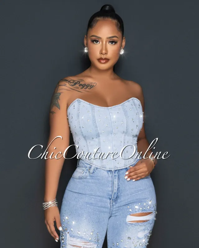 Sallie Light Denim Silver Rhinestones Bustier sold by Chic Couture