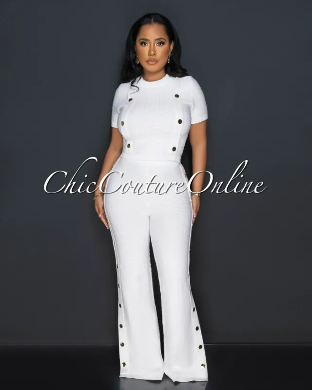 Bedelia Off-White Gold Buttons Crop Top & Pants Knit Set sold by Chic Couture