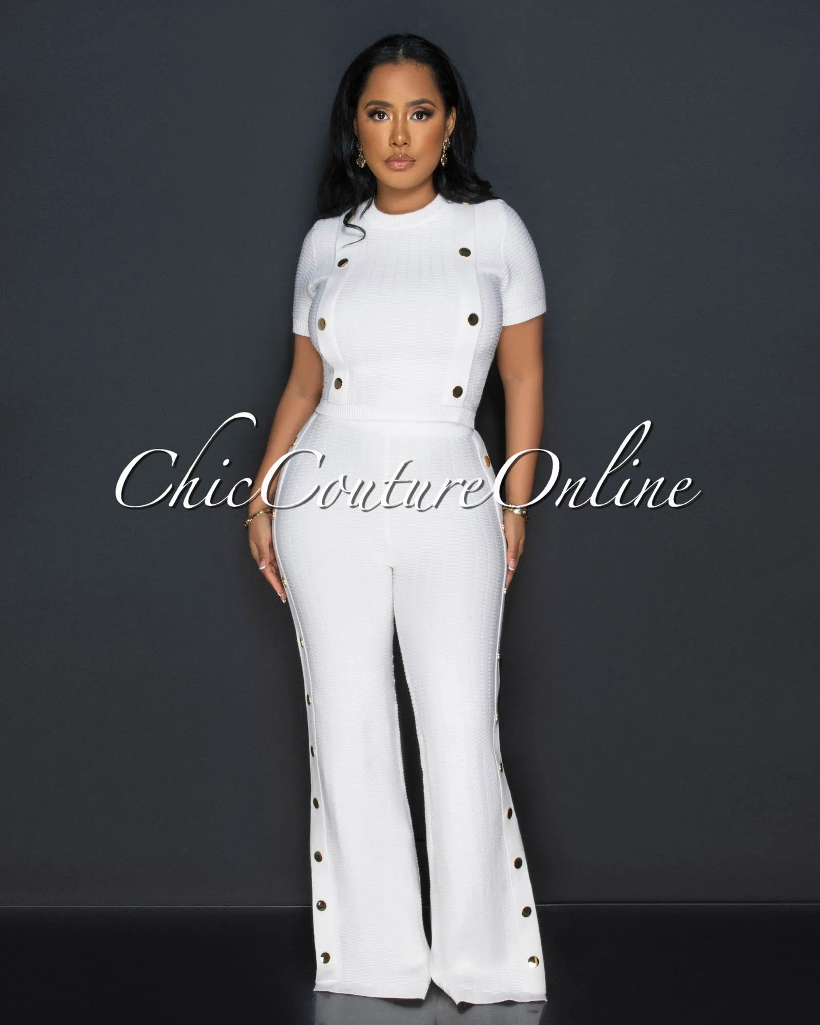 Bedelia Off-White Gold Buttons Crop Top & Pants Knit Set sold by Chic Couture
