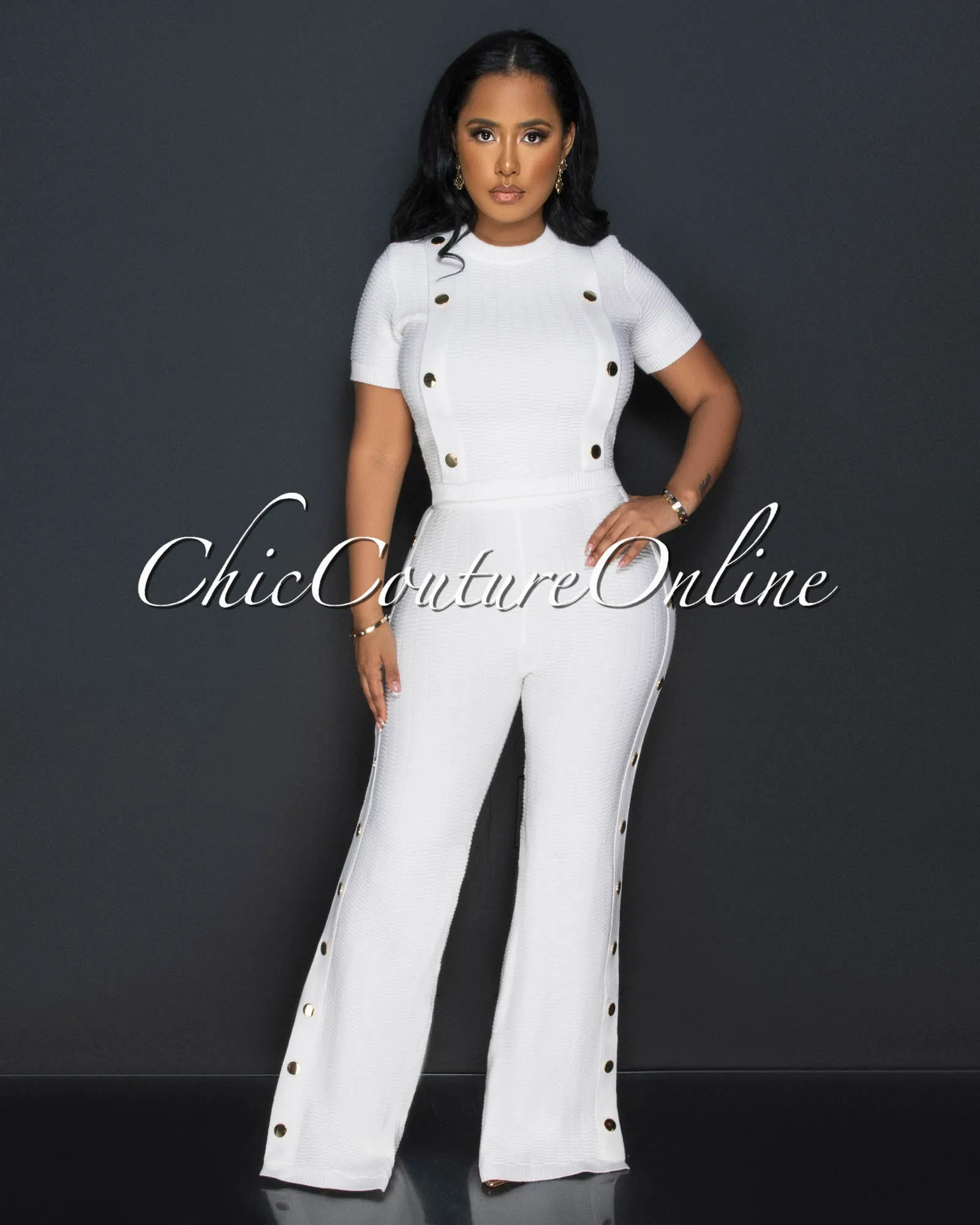 Bedelia Off-White Gold Buttons Crop Top & Pants Knit Set sold by Chic Couture product image thumbnail 2