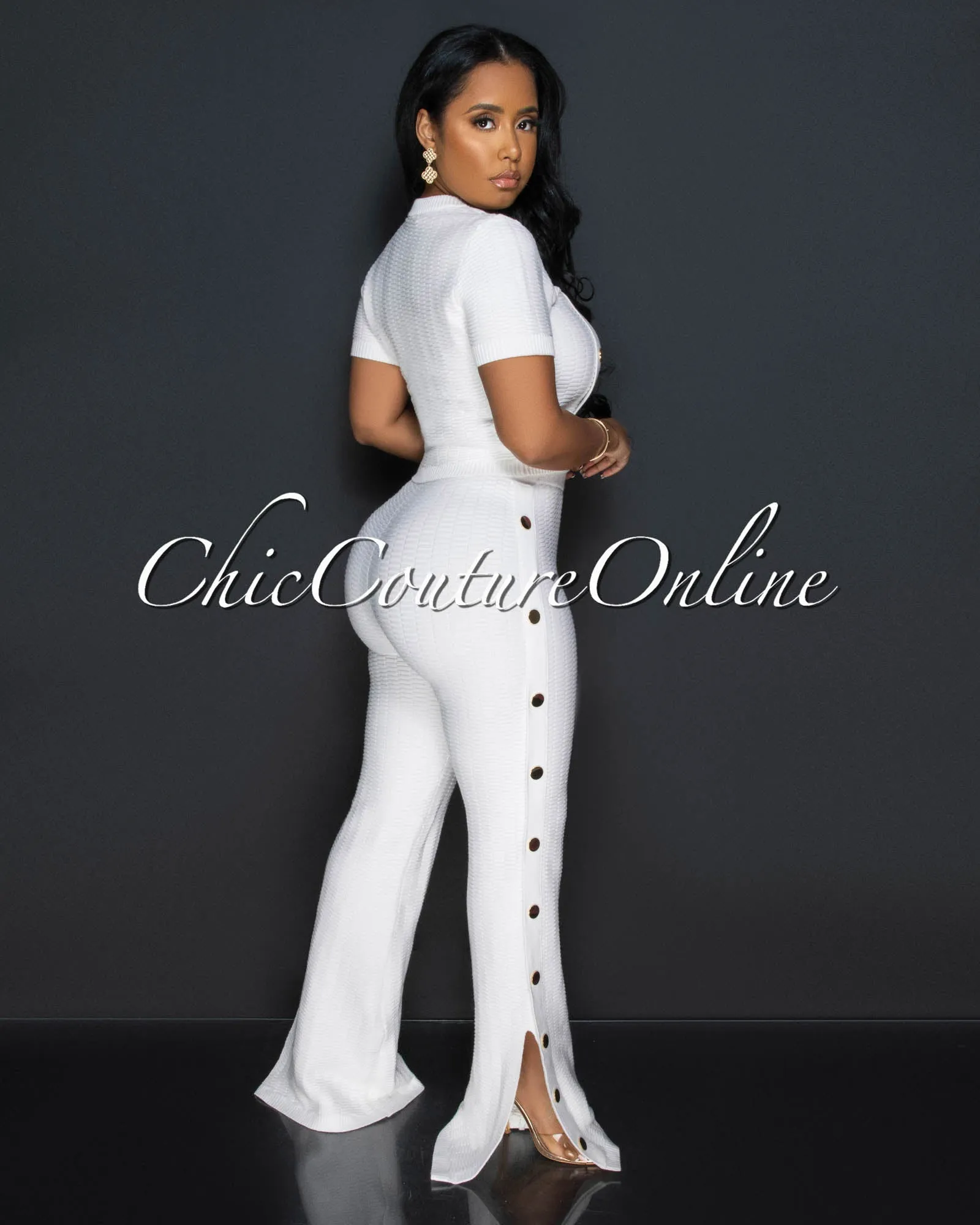 Bedelia Off-White Gold Buttons Crop Top & Pants Knit Set sold by Chic Couture product image thumbnail 4