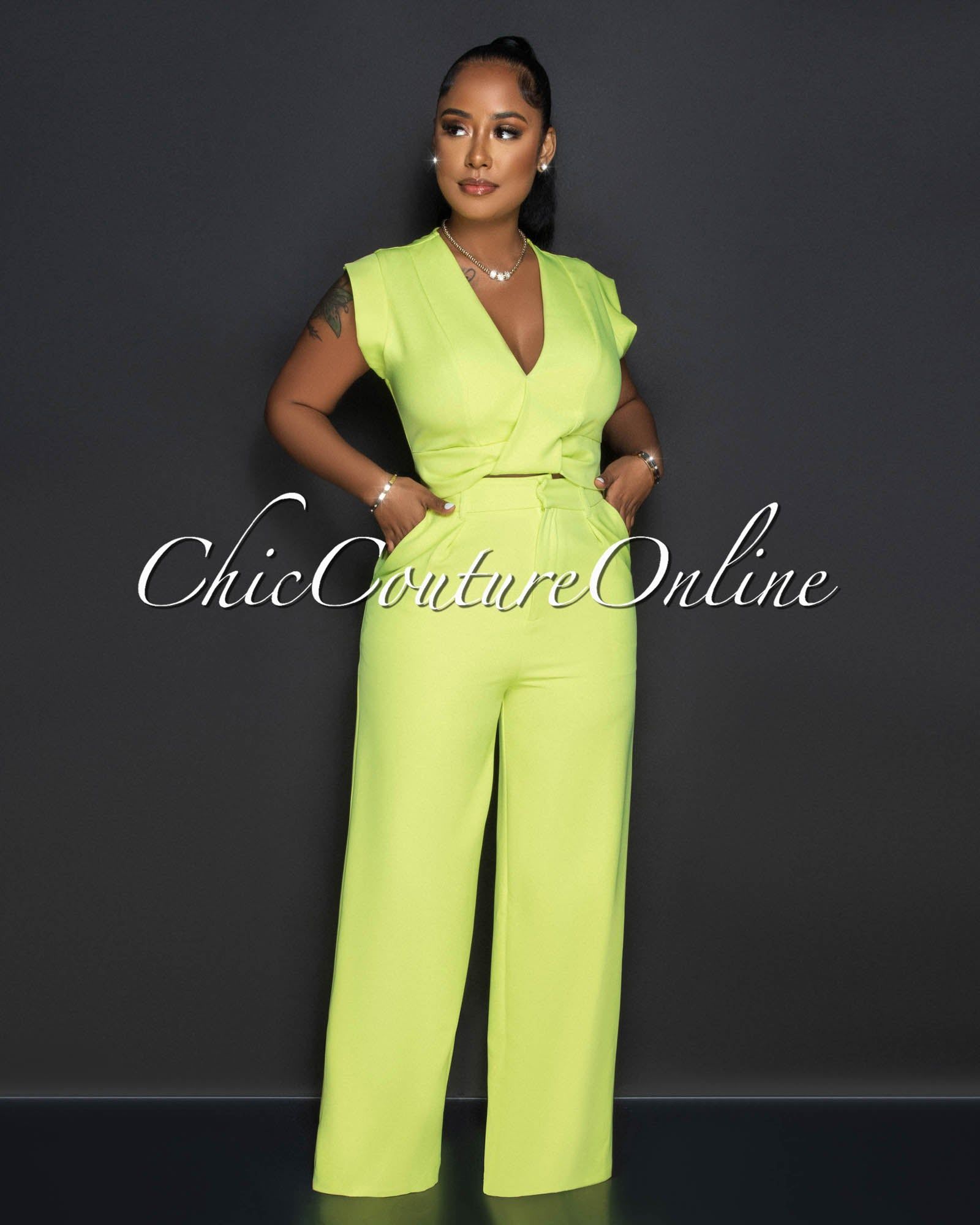 Giselle Apple Green Crop Top & Wide Leg Pants Set sold by chic