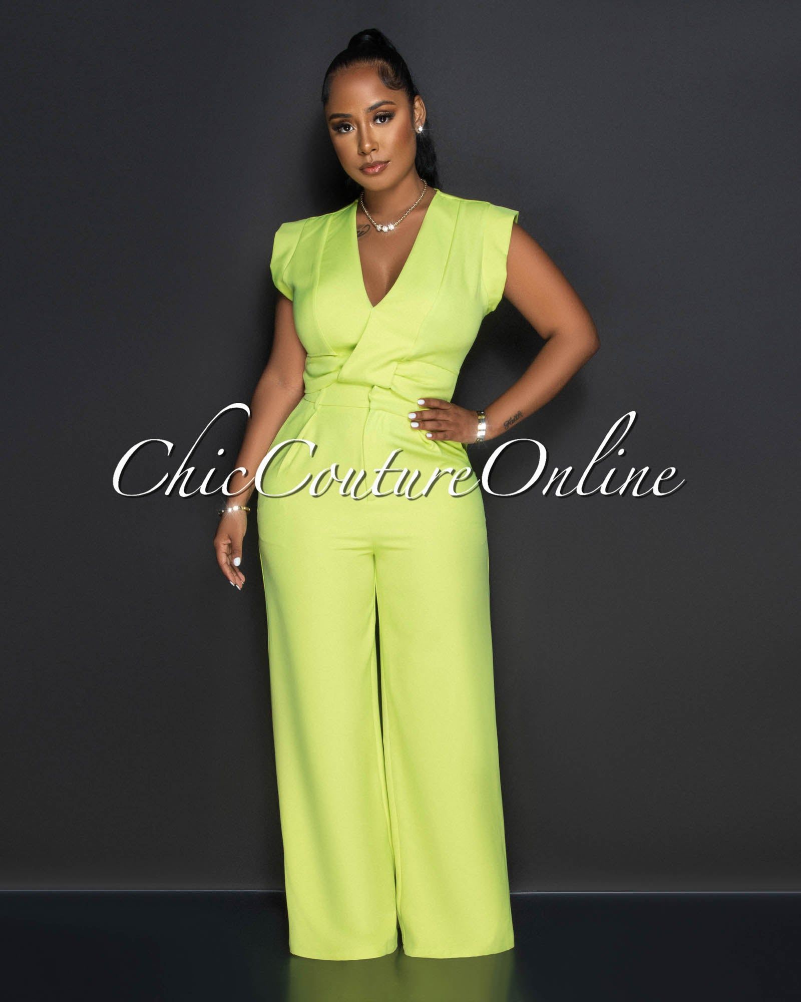 Giselle Apple Green Crop Top & Wide Leg Pants Set sold by chic product image thumbnail 3