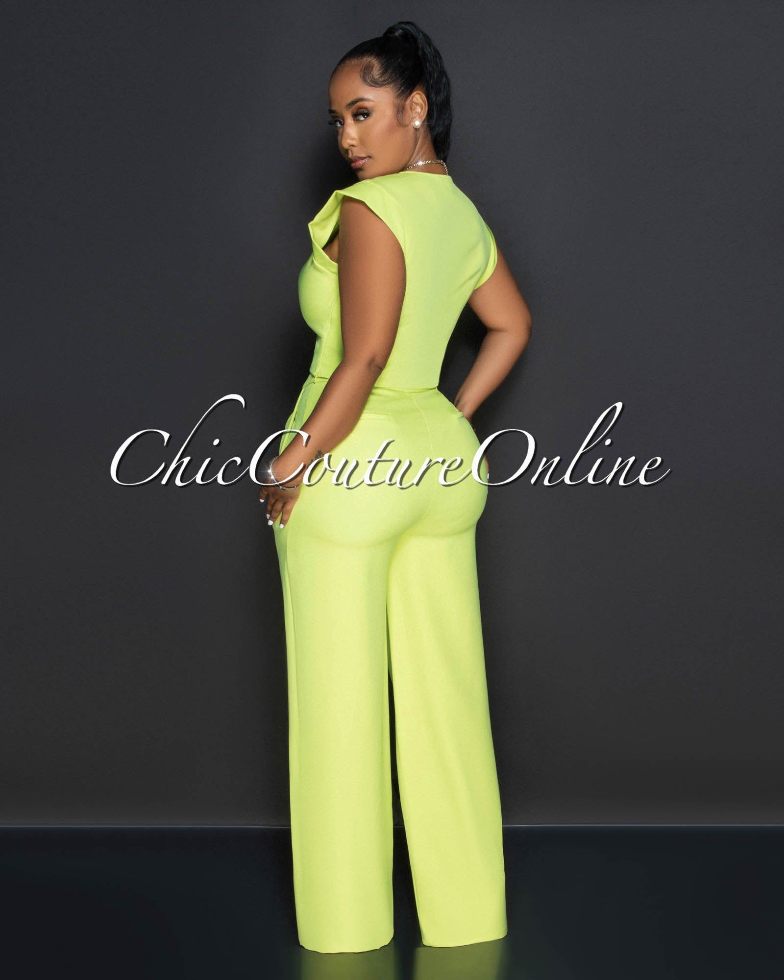 Giselle Apple Green Crop Top & Wide Leg Pants Set sold by chic product image thumbnail 2