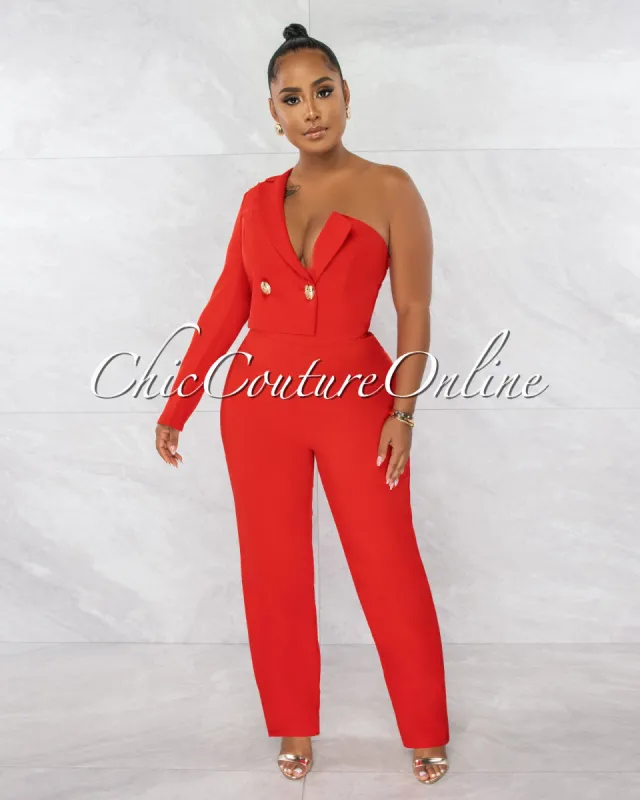 *Oksana Red Single Shoulder Crop Blazer & Wide Pants Set sold by Chic Couture