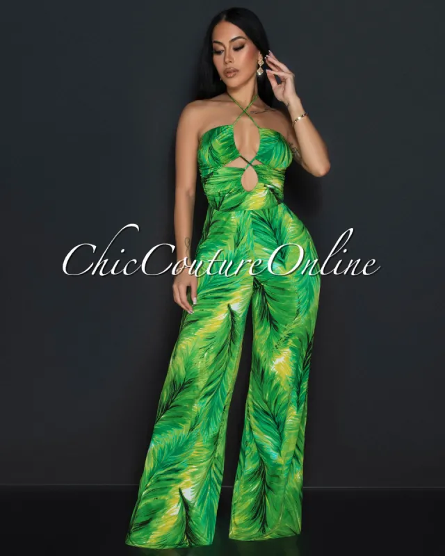 Lille Green Leaf Print Halter Cut-Out Jumpsuit sold by Chic Couture