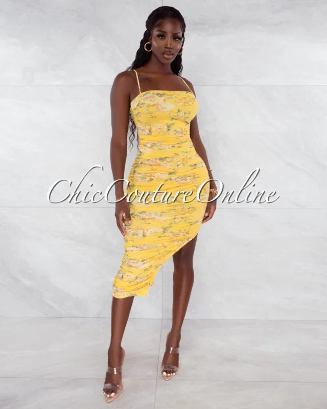 *Rowena Yellow Floral Print Mesh Ruched Midi Dress sold by chic