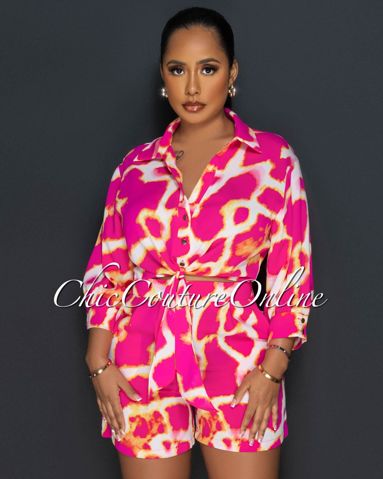 Fabney Fuchsia Print Buttoned Shirt & Shorts Set sold by Chic Couture product image thumbnail 4