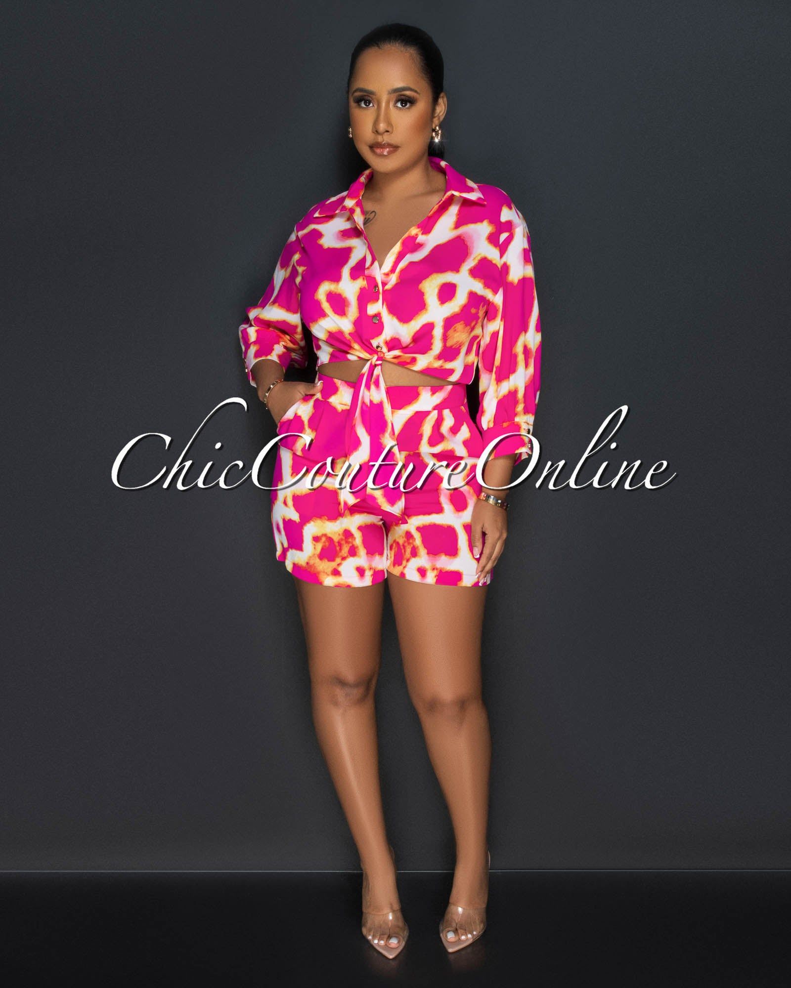 Fabney Fuchsia Print Buttoned Shirt & Shorts Set sold by Chic Couture product image thumbnail 2
