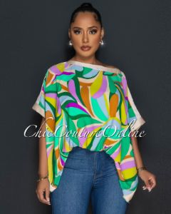 Ferran Nude-Multi-Color Print Hi-Low Kimono Blouse sold by Chic Couture