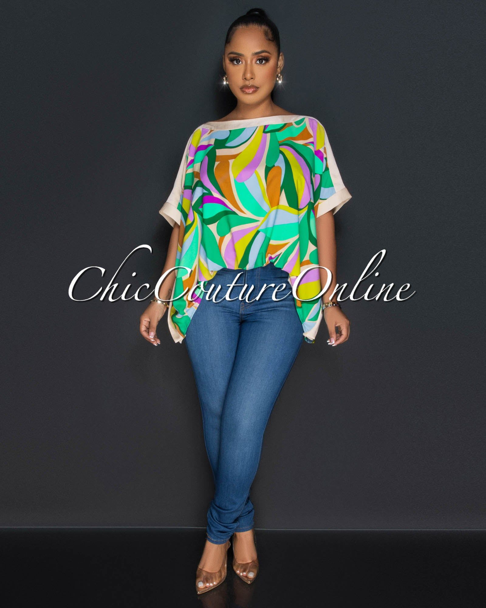 Ferran Nude-Multi-Color Print Hi-Low Kimono Blouse sold by Chic Couture