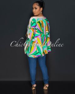 Ferran Nude-Multi-Color Print Hi-Low Kimono Blouse sold by Chic Couture