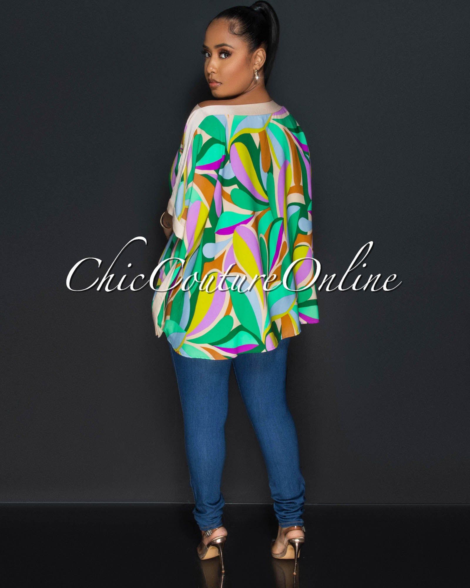 Ferran Nude-Multi-Color Print Hi-Low Kimono Blouse sold by Chic Couture product image thumbnail 2