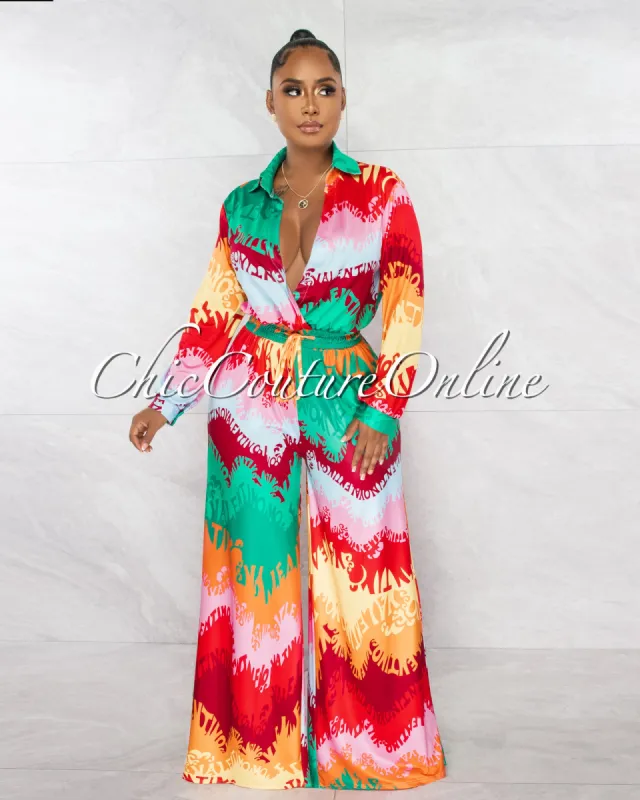 *Tabitha Green Red Multi-Color Retro Print Deep V-Neck Jumpsuit sold by Chic Couture