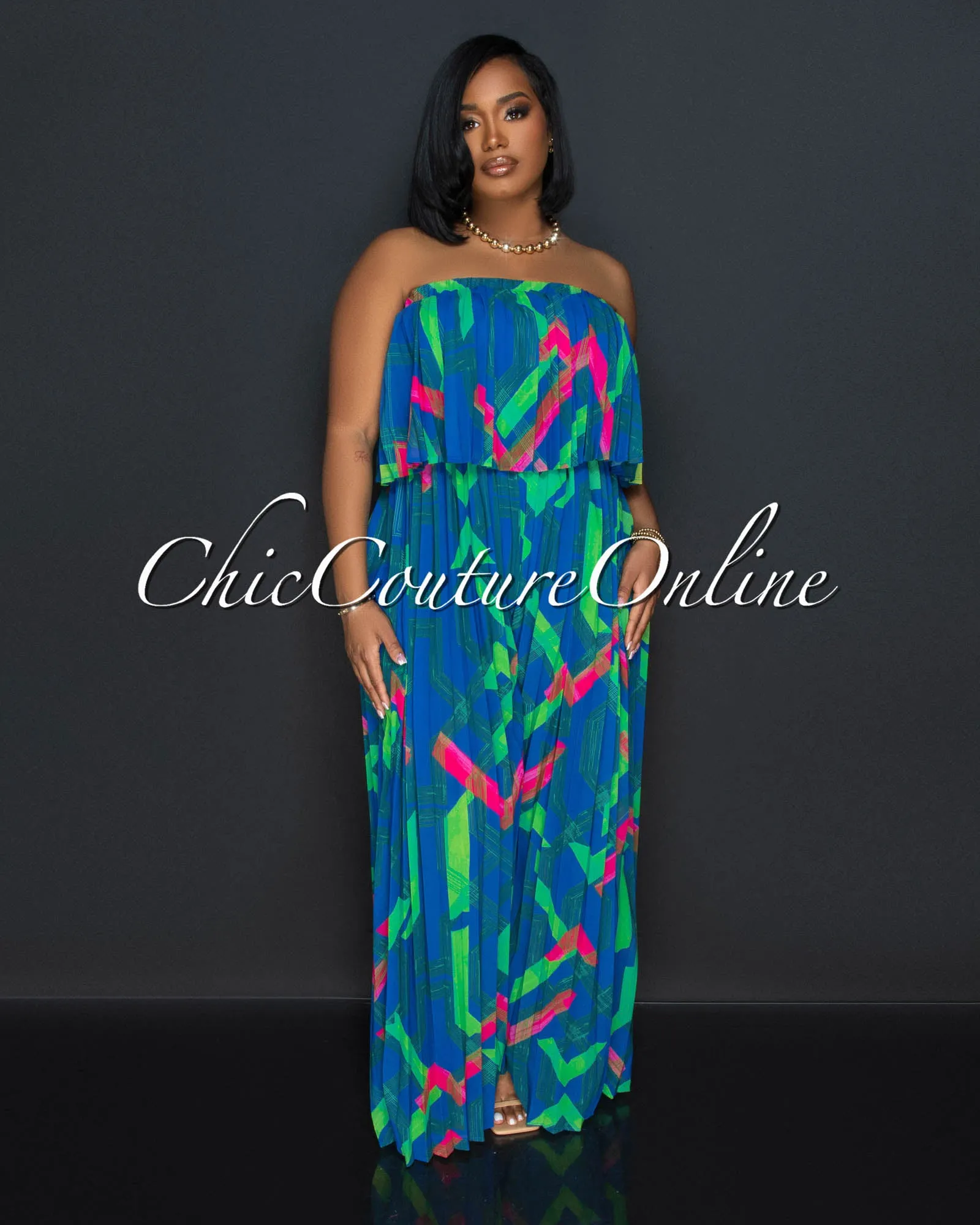 *Magalie Royal Blue Print Strapless Pleated Jumpsuit sold by Chic Couture product image thumbnail 2