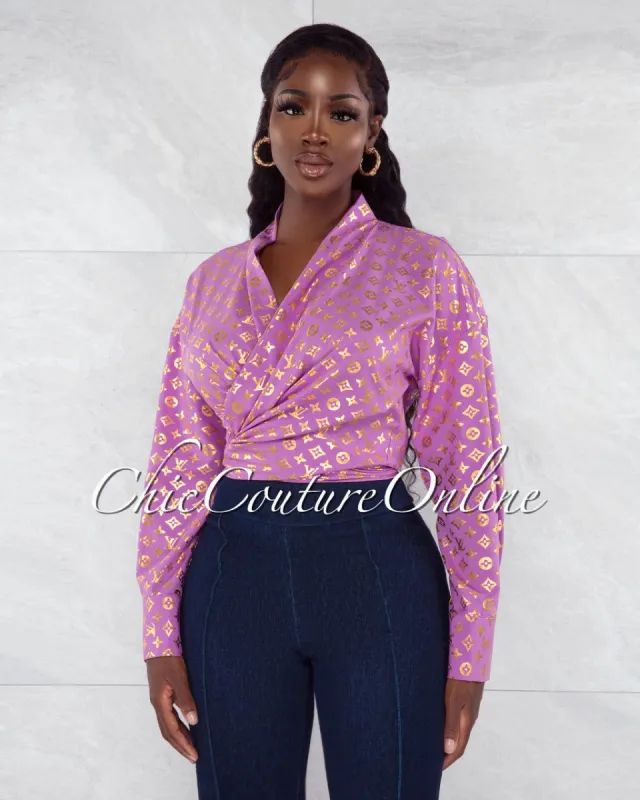 *Sosie Purple Gold Print Front Tie Blouse sold by chic