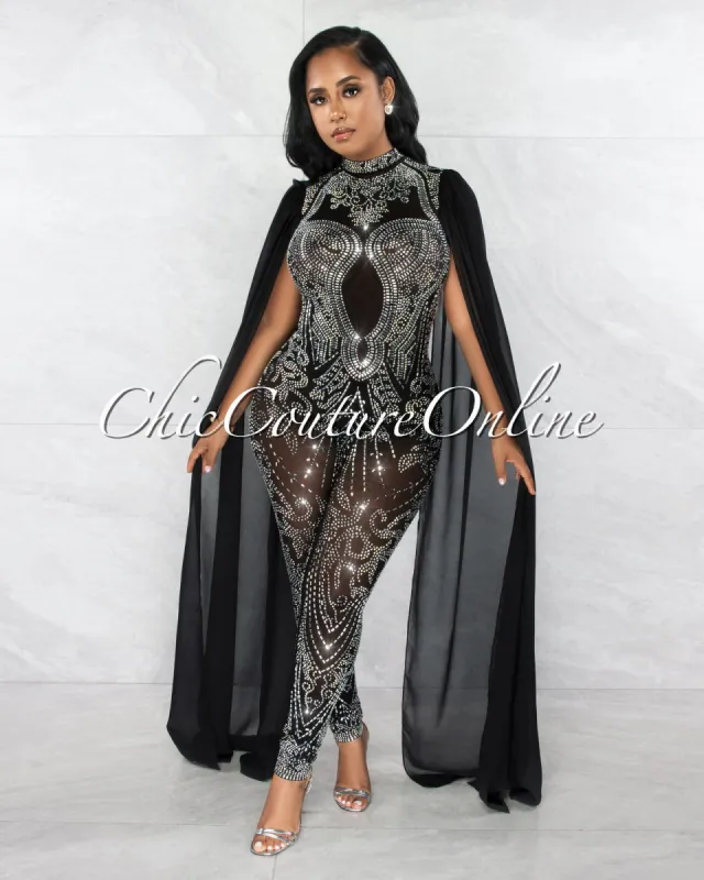 Princess Black Rhinestones Mesh Shift Long Sleeves Jumpsuit sold by chic