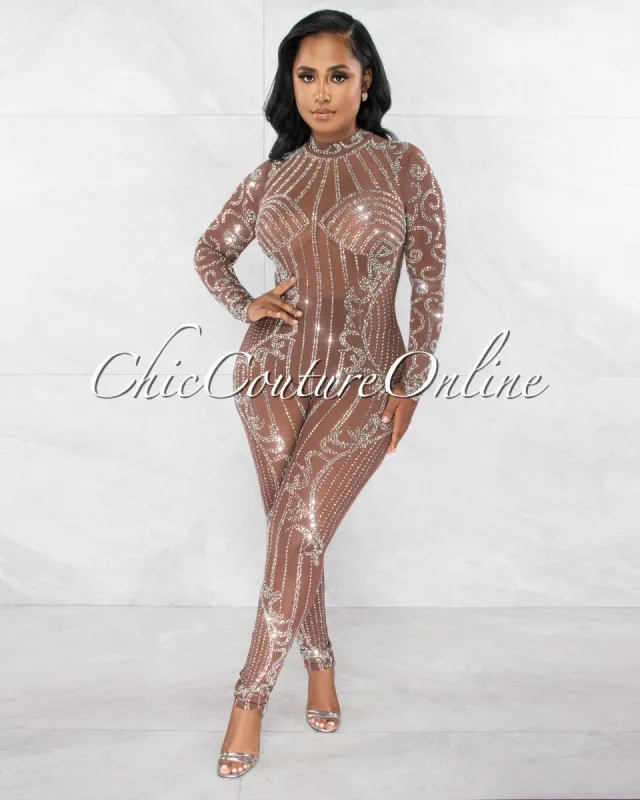 Olivera Brown Silver Rhinestones Mesh Sheer Jumpsuit sold by Chic Couture