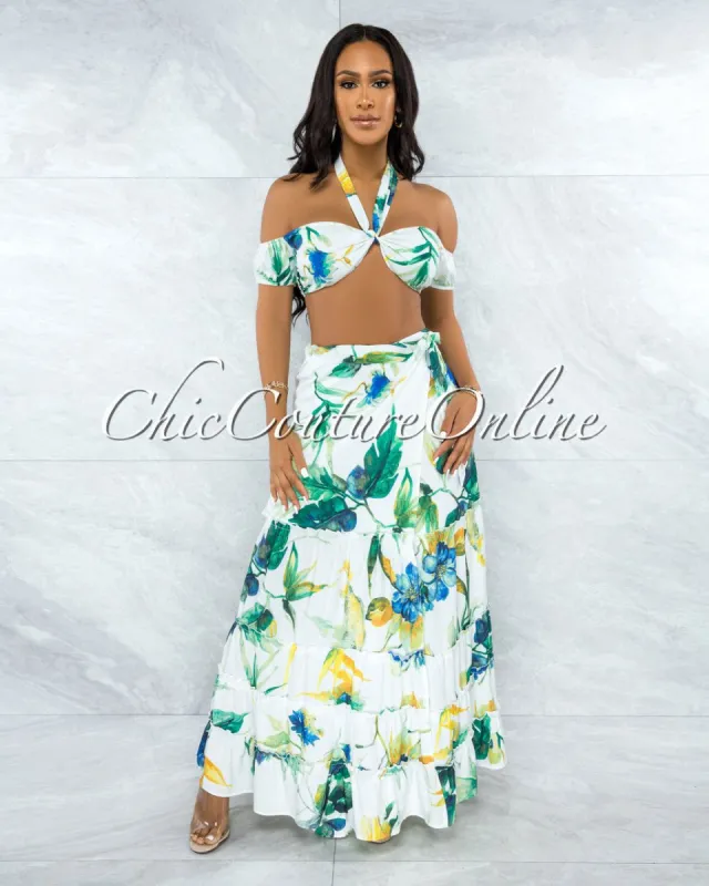 *Jacques White Green Leaf Print Two Piece Skirt Set sold by Chic Couture