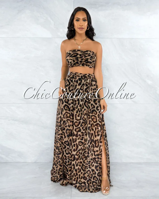 Ryba Brown Leopard Print Crop Top & Maxi Skirt Set sold by chic