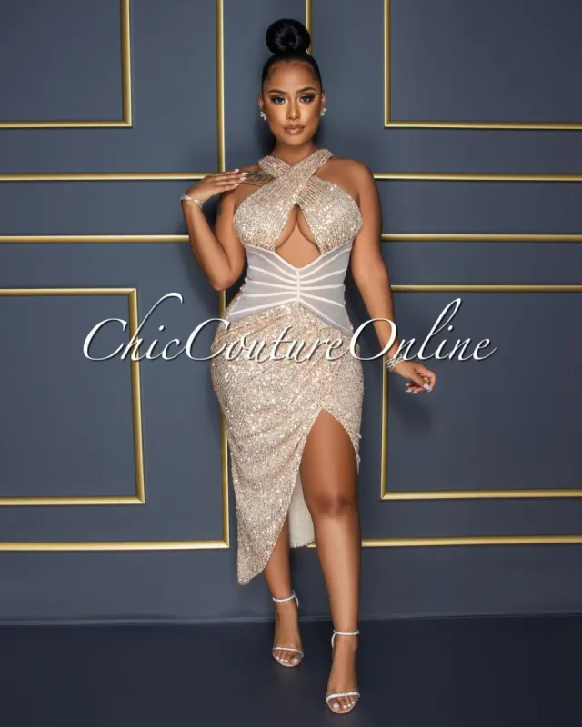 Etoile Nude Rose Gold Sequins Mesh Trim Halter Midi Dress sold by chic