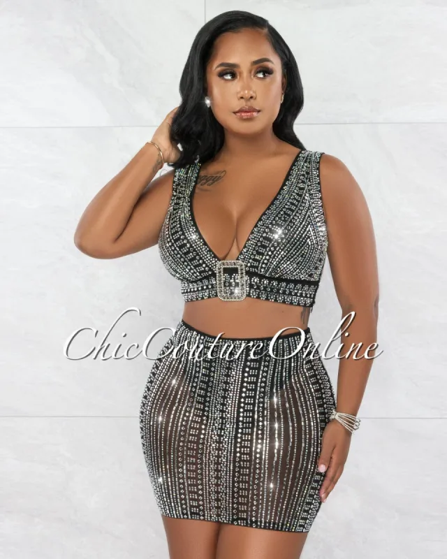 Joia Black Rhinestones Silver Buckle Top & Skirt Set made by Chic Couture