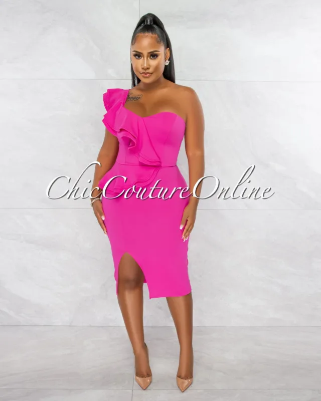 Corin Hot Pink Single Shoulder Ruffle Midi Dress sold by chic