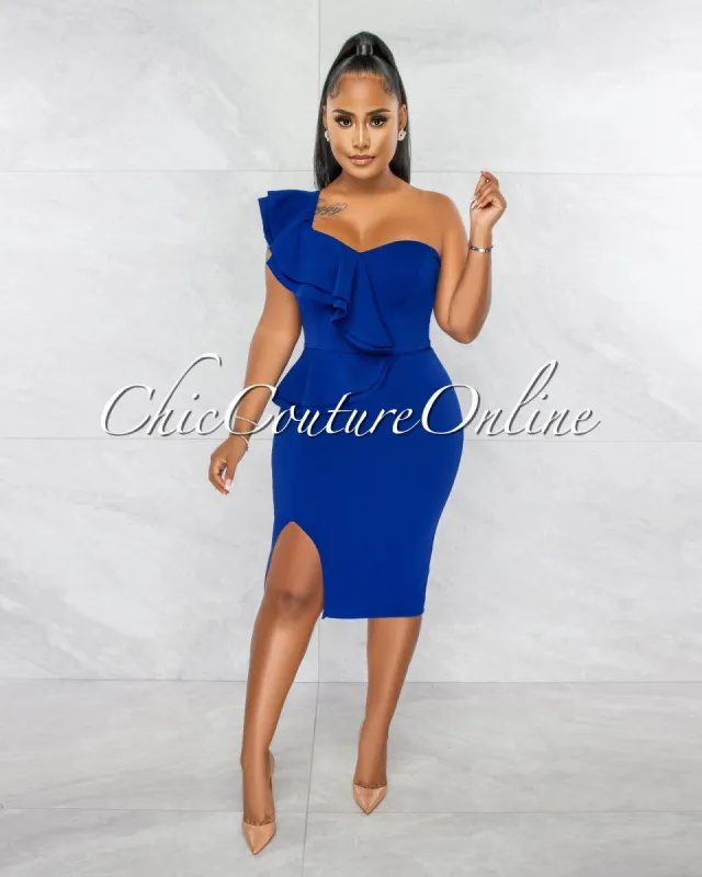 Corin Royal Blue Single Shoulder Ruffle Midi Dress sold by chic