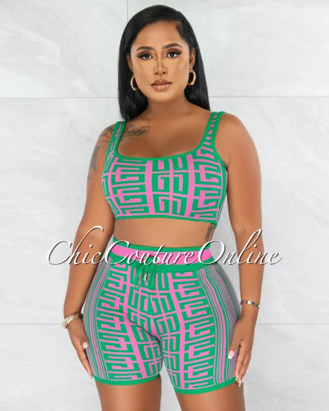 Hadali Green Pink Crop Top & Bike Shorts Knit Fret Set sold by chic