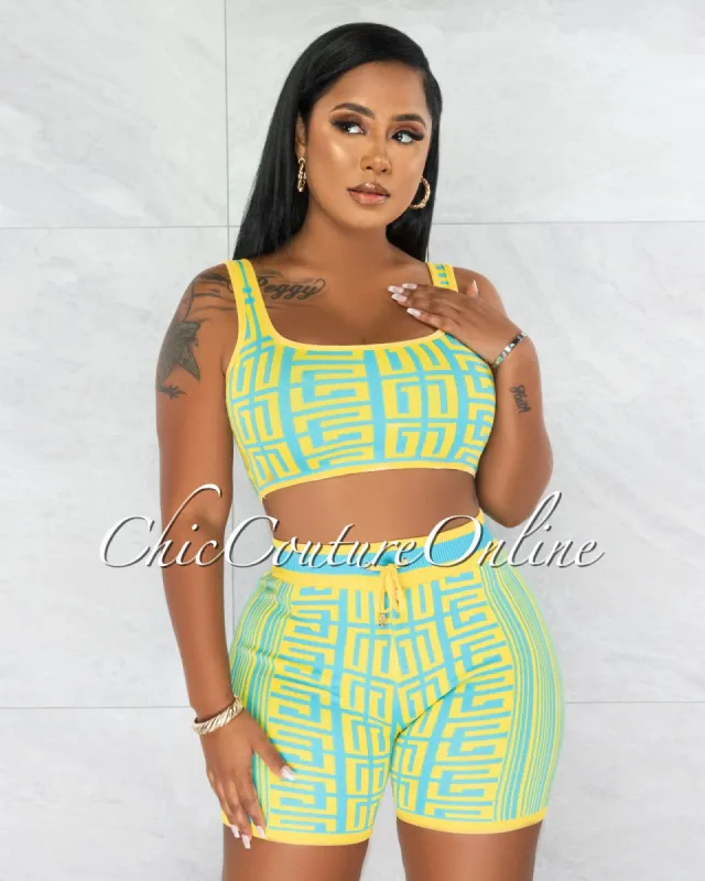 *Hadali Yellow Turquoise Crop Top & Bike Shorts Knit Fret Set sold by Chic Couture