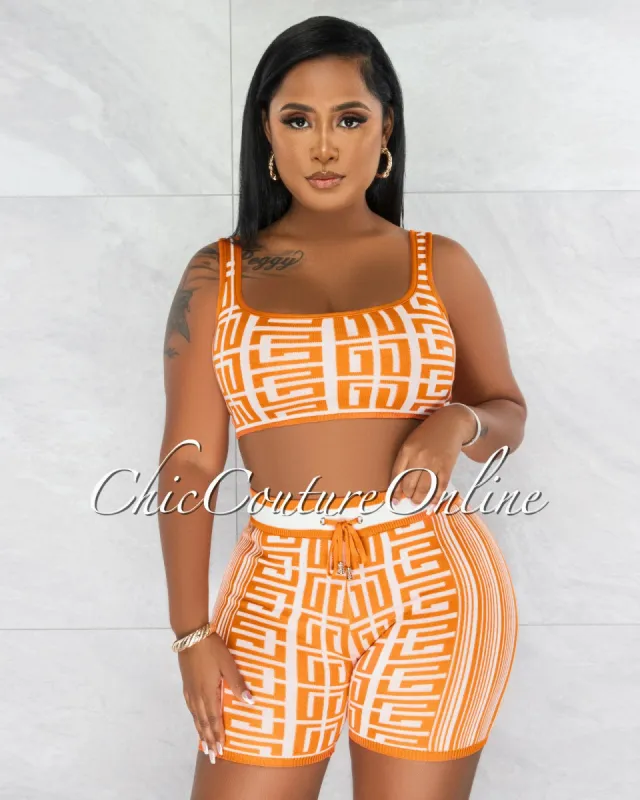 Hadali Orange White Crop Top & Bike Shorts Knit Fret Set sold by chic