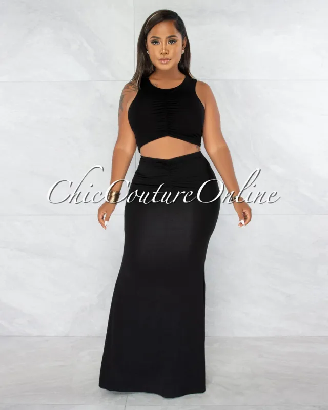 Virginia Black Ruched Crop Top & Maxi Skirt Set sold by chic
